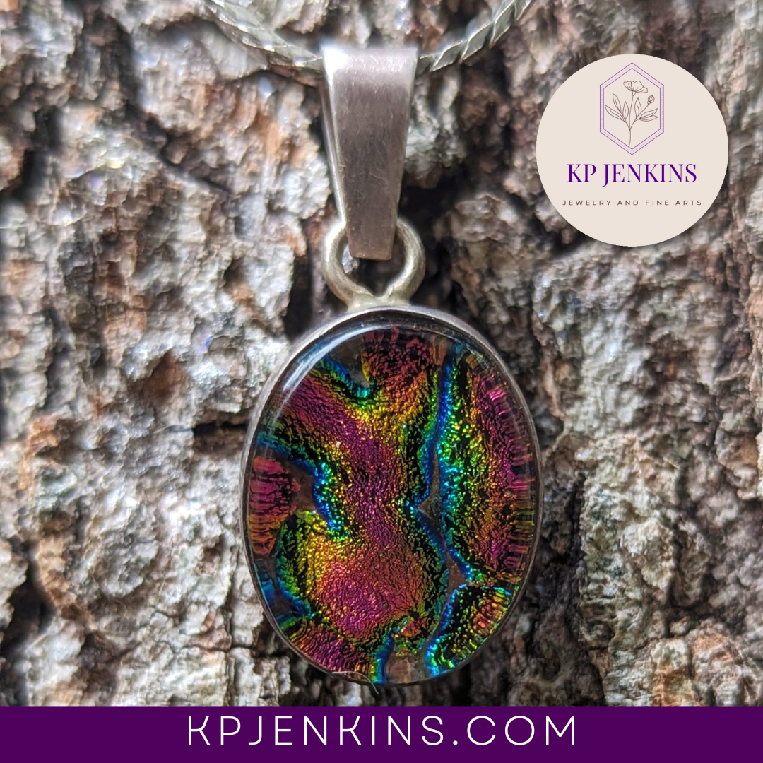 Dichroic fused glass pendant, multi color with sterling silver