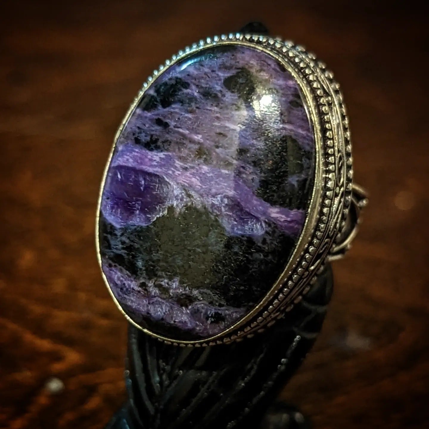 Large Silver Charoite Ring