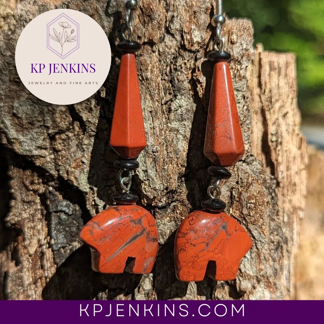 Red Jasper Zuni Bear earrings, sterling silver hooks