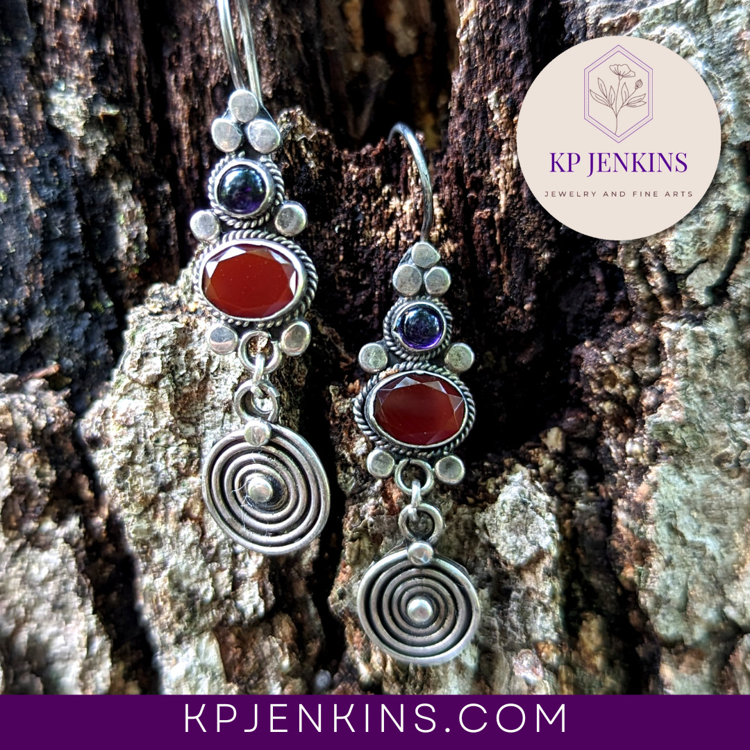 Sterling .925 Carnelian and Amethyst drop earrings with swirls