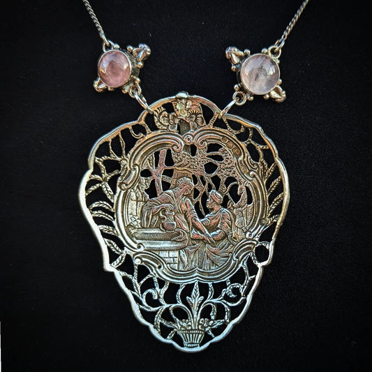 Antique Dutch Silver Bon Bon Spoon Necklace With Rose Quartz Accent Stones